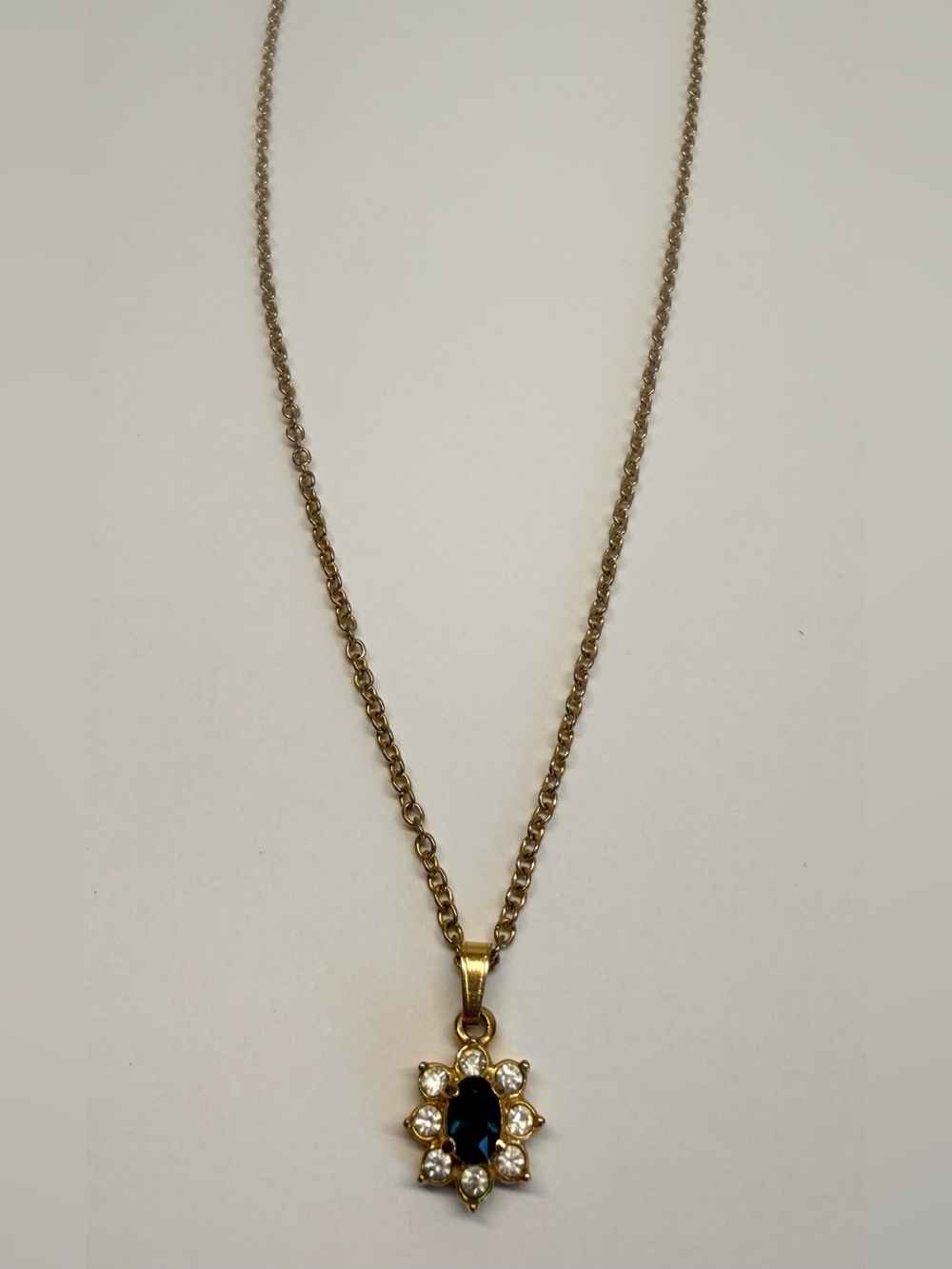 Vintage Gold Tone Blue & Clear Rhinestone Pendant Necklace 18”